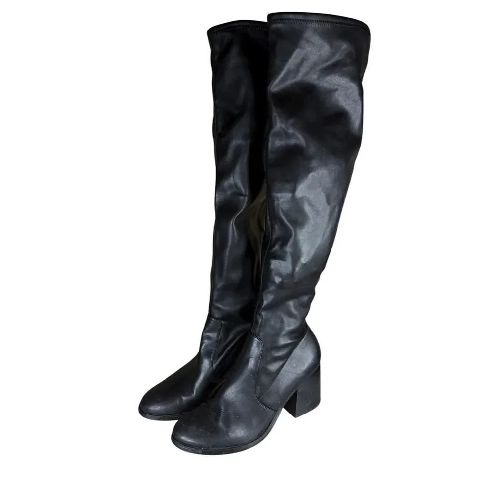 Steve Madden Black Faux Leather Over The Knee Stretch Sock Boots Size 10